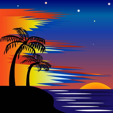 vector illustration the evening sunset, palms, sea, stars on the sky, abstractionのイラスト素材