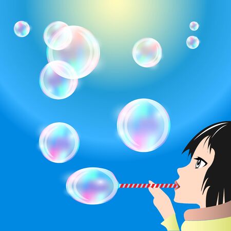 Girl blows bubbles from the straw in the sun.のイラスト素材
