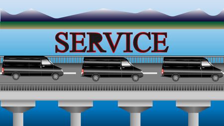 Minibuses of service rushing over the bridge. Vector Illustrationのイラスト素材