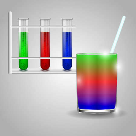 test tubes with red, blue and green liquids. As well as a glass of liquid and a glass rod on a gray backgroundのイラスト素材