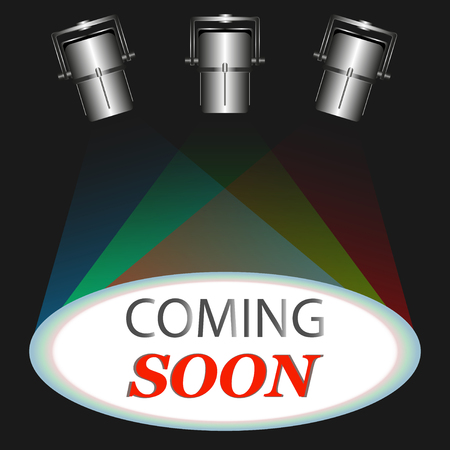 The inscription, coming soon is illuminated by different colors of spotlights.のイラスト素材