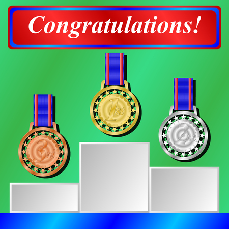 gold, silver and bronze medals for 1st, 2nd and 3rd places. Vector Illustrationのイラスト素材