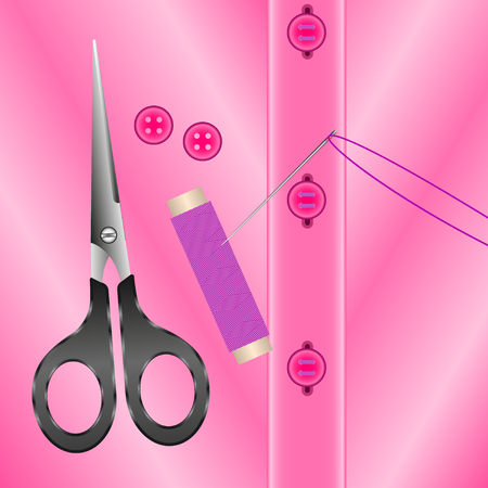 Sewing accessories, sew buttons to a pink blouse. Vector, Illustrationのイラスト素材