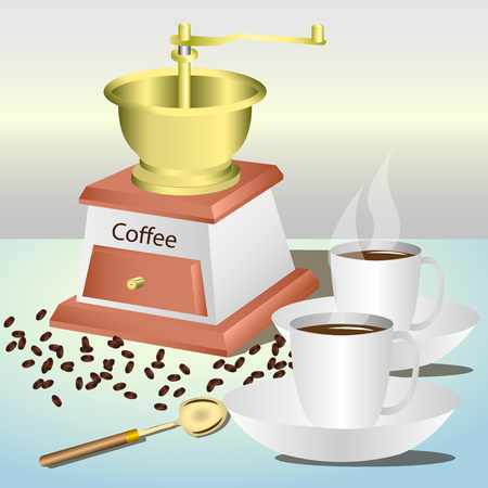 Manual coffee grinder, coffee beans, coffee spoon, two cups of coffee on the saucers. Vector, Illustrationのイラスト素材