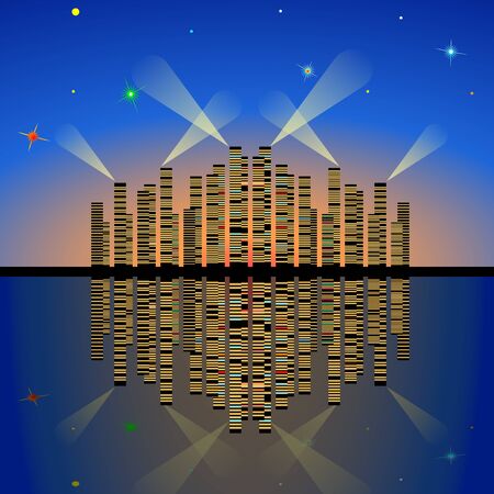 Evening city lights with reflection on the water against the starry sky. Vetor, Illustrationのイラスト素材