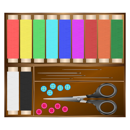 Sewing kit ( threads, needles, buttons, scissors ). Vector illustration.のイラスト素材