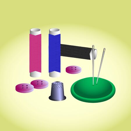 Sewing accessories ( threads, needles, buttons,pincushion for needles, thimble ).のイラスト素材