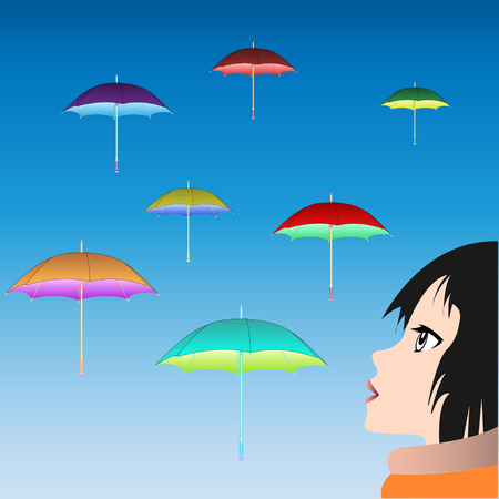 girl watching floating umbrellas in blue sky. Vector, Illustrationのイラスト素材