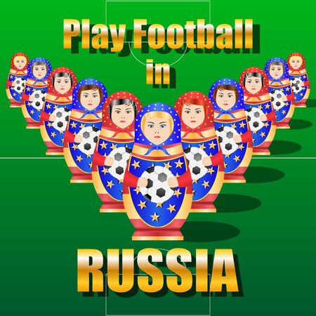 Matryoshka play football, soccer ball on the field. Vector Illustrationのイラスト素材