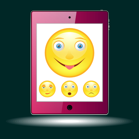 Tablet with picture of the emoticons. Vector illustration.のイラスト素材
