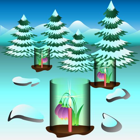 Snowdrops covered and heated by candles. Vector Illustration.のイラスト素材