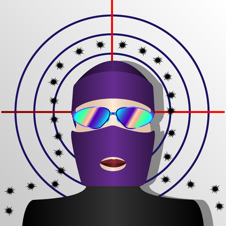 man in balaclava on the background of the shot target. Vector Illustrationのイラスト素材