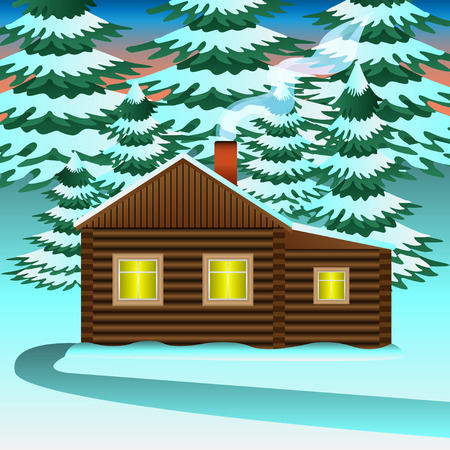 Winter house in spruce forest Vector Illustrationのイラスト素材