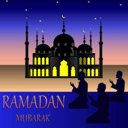 Ramadan Mubarak mosque with silhouettes of people. Vector Illustrationのイラスト素材