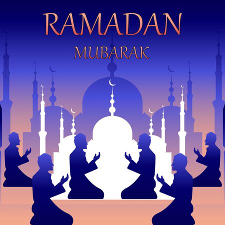 Ramadan Mubarak. mosque with silhouettes of people. Vector Illustrationのイラスト素材