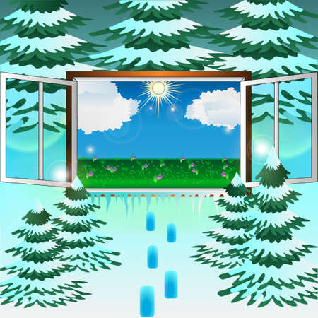 Window from winter to spring warm day. Vector Illustrationのイラスト素材