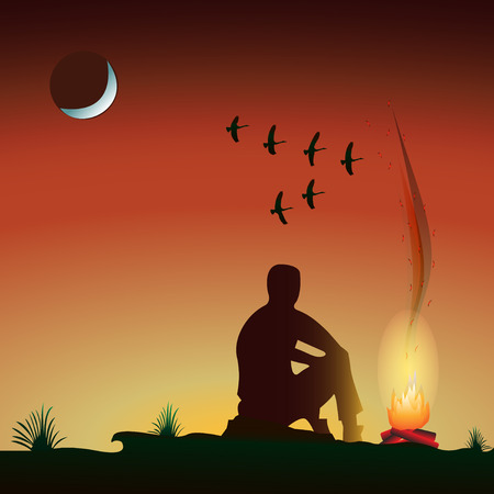 man by the fire in the evening, at sunset, under the moon, birds flying wedge. Vector Illustrationのイラスト素材