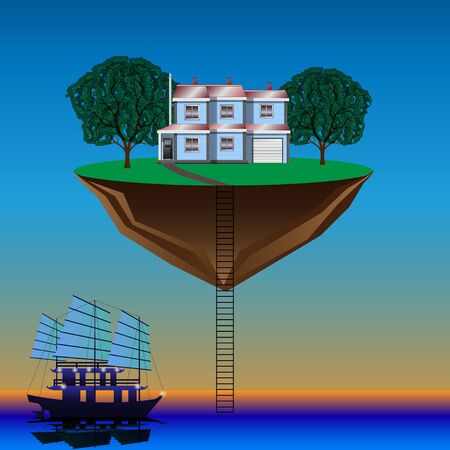 flying island above the water, sailboat, hermit on the levitating island. Vector Illustrationのイラスト素材