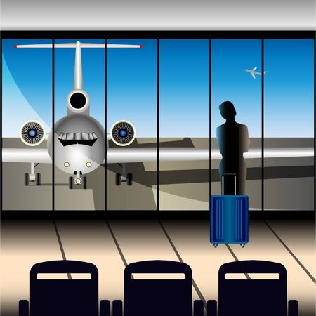 A girl with a suitcase at the airport looks at the plane through a large window. Vector Illustrationのイラスト素材
