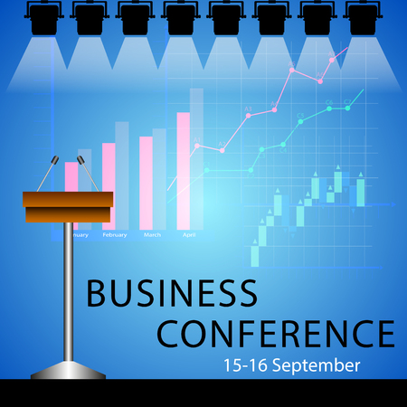 Business conference poster design template with microphones and graphics . Vector illustrationのイラスト素材