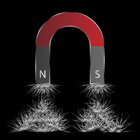 a magnet attracts metal filings on a black background. Vector Illustrationのイラスト素材