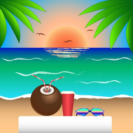 Sunset, sea, coconut, palm trees, sunglasses, beach,  icon for vacation. Vector Illustrationのイラスト素材