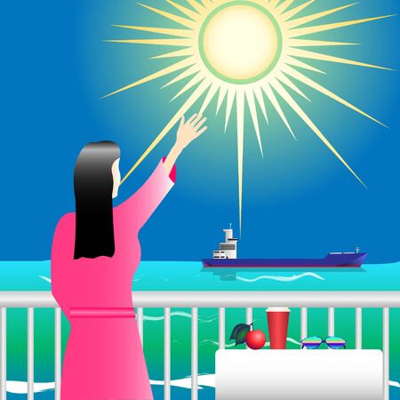 Girl in pink on the balcony waving a ship in the sea under the bright sun vector illustration.のイラスト素材
