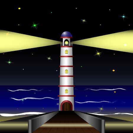 Lighthouse by the sea in the night sky. Vector Illustrationのイラスト素材