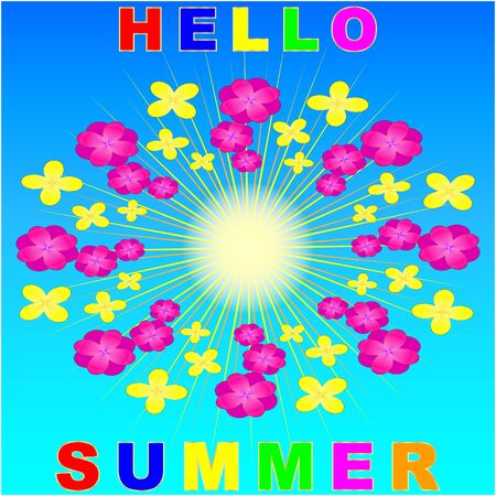 Hello Summer. sun, sky, red, yellow flowers. Vector Illustrationのイラスト素材