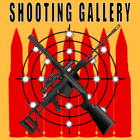 poster, banner shooting range, gallery, a sniper rifle and a rifle target on a yellow background. Vector Illustrationのイラスト素材