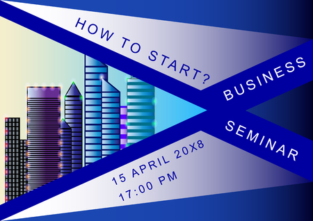 Business seminar poster design template, with the image of the skyscrapers of the city. Vector Illustrationのイラスト素材