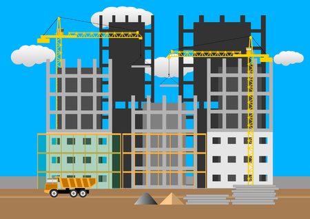 Construction of multi-storey buildings. construction of residential houses construction site concept design flat style. Vector Illustrationのイラスト素材