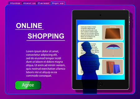 Online Shopping. Sale, consumerism and people concept. A woman in an online store using a tablet selects products. Vector Illustrationのイラスト素材