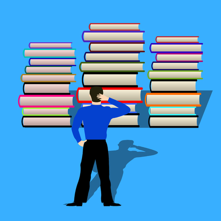 the man thought how to read books in front of him. Flat style. Vector Illustrationのイラスト素材