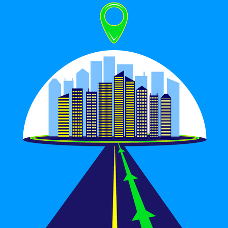 Highway, city, route, Navigator, mark.silhouette, skyscraper, business center, path, search, road, travel. Flat styleのイラスト素材