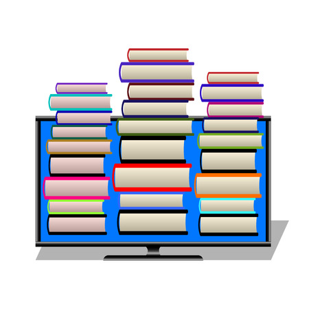 computer monitor and books on white background. Online library, gain knowledge, training through the Internet. Vector Illustrationのイラスト素材