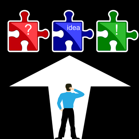 Man thinking in front of the puzzle with question marks, exclamation points, and words idea. Flat design. Vector illustrationのイラスト素材