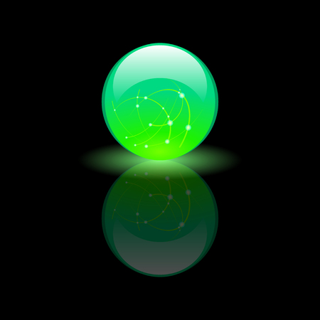 Magic luminescent glass green ball on black background, on a reflective surface. Vector Illustrationのイラスト素材