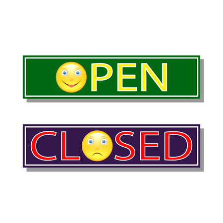 signs Open and closed with images of emoticons on a white background. Vector Illustrationのイラスト素材