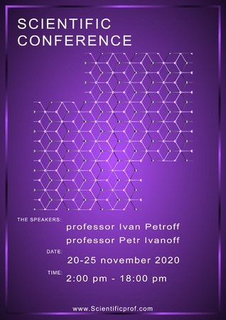 Poster Scientific conference, template, poster. Hexagon abstraction, purple background. Vector, Illustrationのイラスト素材