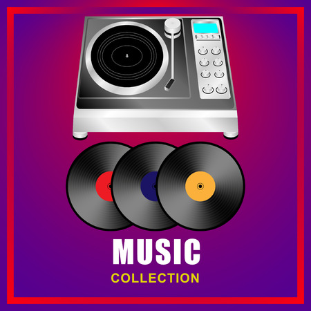 Music collection. Turntable, vinyl records on abstract background. Vector Illustrationのイラスト素材