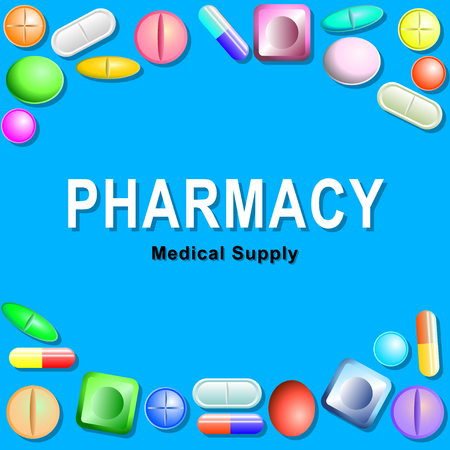 Pills on blue background. Vitamin tablets for good health and antibiotic medications. Pharmacy, painkiller capsules and medical drug. Vector Illustrationのイラスト素材
