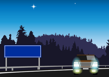SUV on the road in the woods at night with lights on. Empty road Billboard. Vector Illustrationのイラスト素材