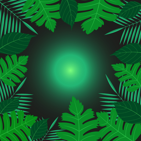 green tropical exotic leaves around green glowing ballon black background. Vector Illustrationのイラスト素材