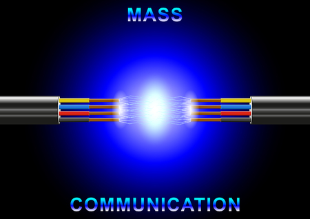 Mass communication. Electric, communication, telecommunication cable break. Copperel ectrical cable in black insulation with electric spark. Four-core cable on a dark background. Vector, Illustrationのイラスト素材
