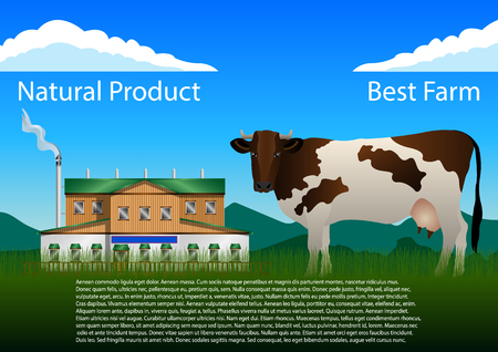 Cow, white with brown spots, grazing in a meadow near the farm. Blue sky with clouds and mountains on the horizon. Vector, Illustrationのイラスト素材