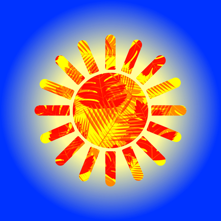 stencil of the sun, with orange leaves in side, on a blue background. Vector, illustrationのイラスト素材