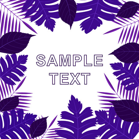 frame of different purple leaves on white background. Set of leaves on the edges of the picture with the words sample text in the center. Vector, illustration.のイラスト素材