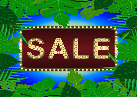 Sale Summer. Sign "sale" of light bulbs, surrounded by foliage. Vector Illustrationのイラスト素材