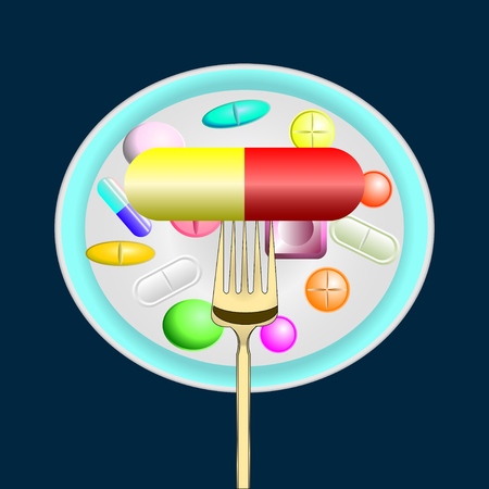 Pharmaceutics. pills, medicine on a platter. Pill, capsule on a fork. Vector Illustrationのイラスト素材